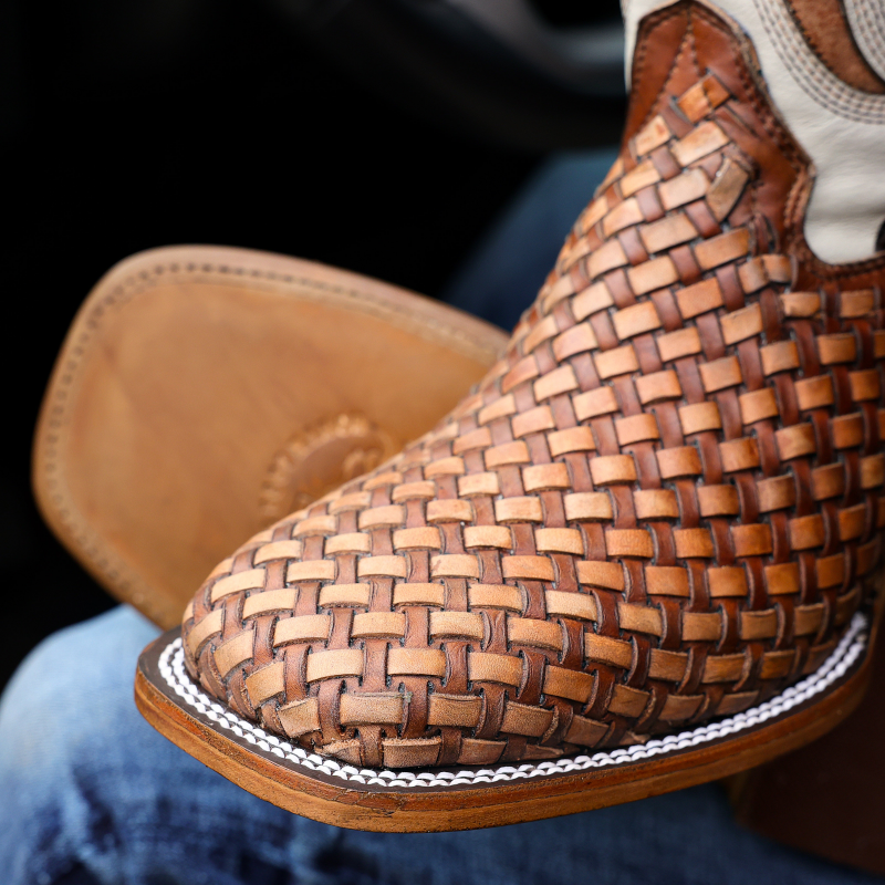 Tan Basketweave Leather Boots - Square Toe