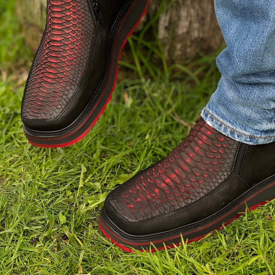 Python Leather Boots Cherry Red Sole