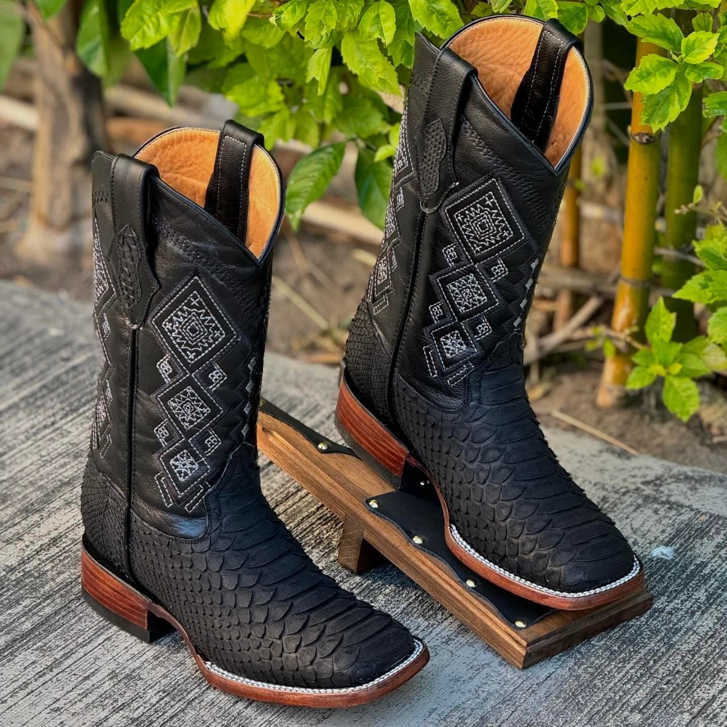 Black Python Embroidered Cowboy Boots