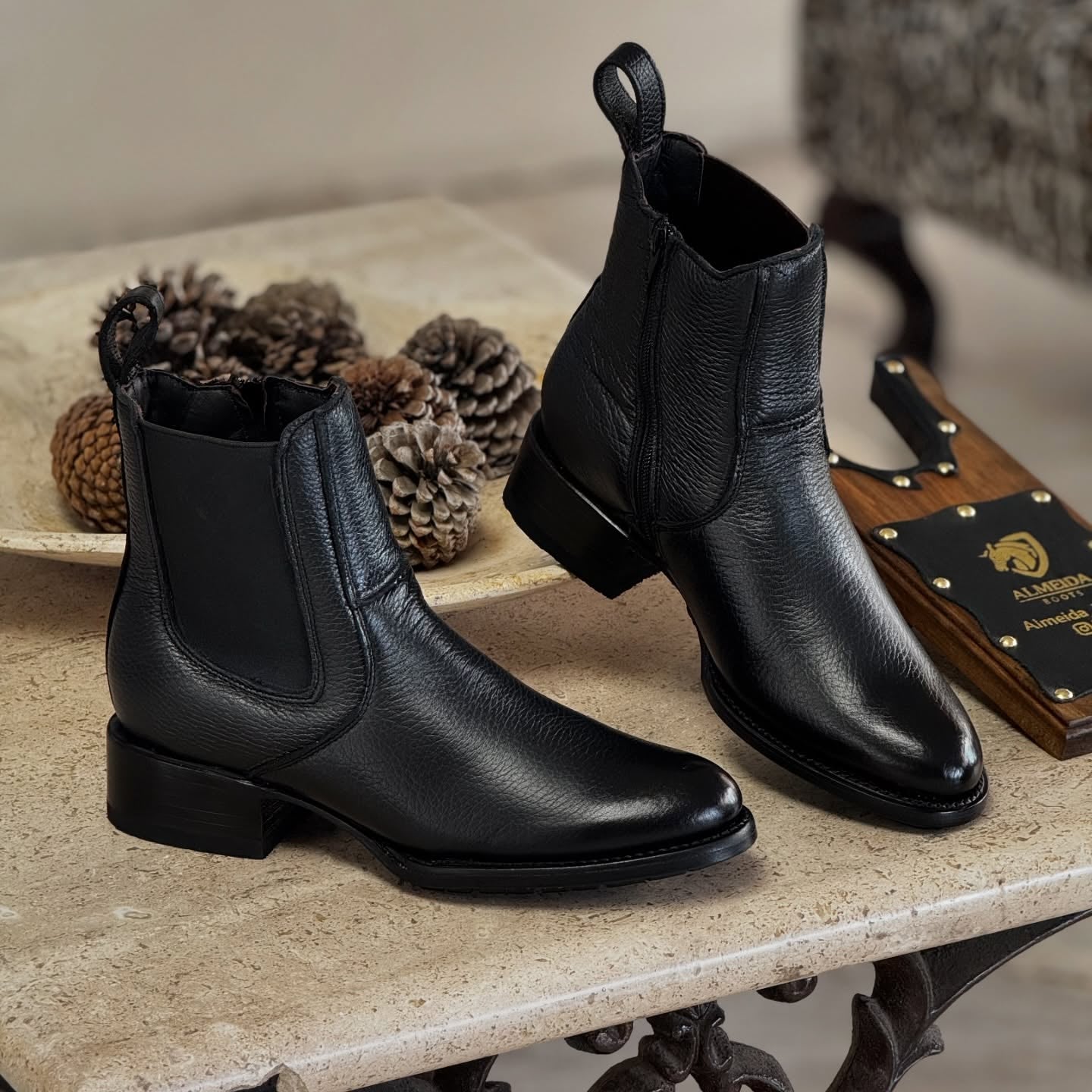 Classic Black Leather Prairie Cowboy Boots