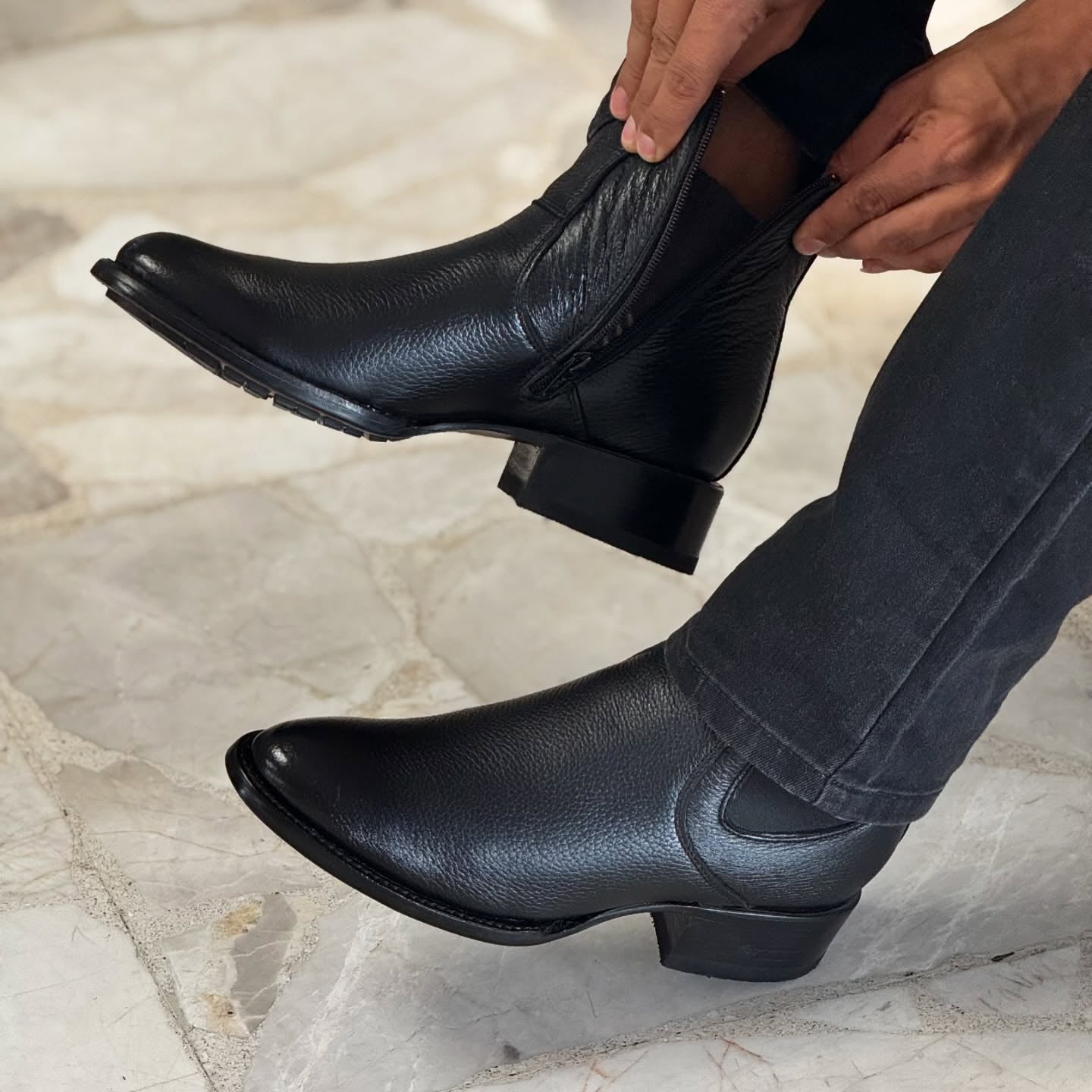 Classic Black Leather Prairie Cowboy Boots