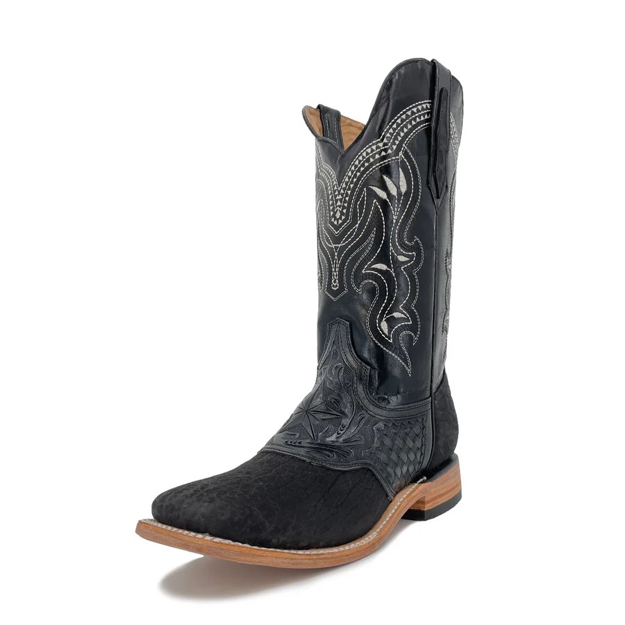 Men's Boots Hand Tooled Square Toe - Bull Neck Black