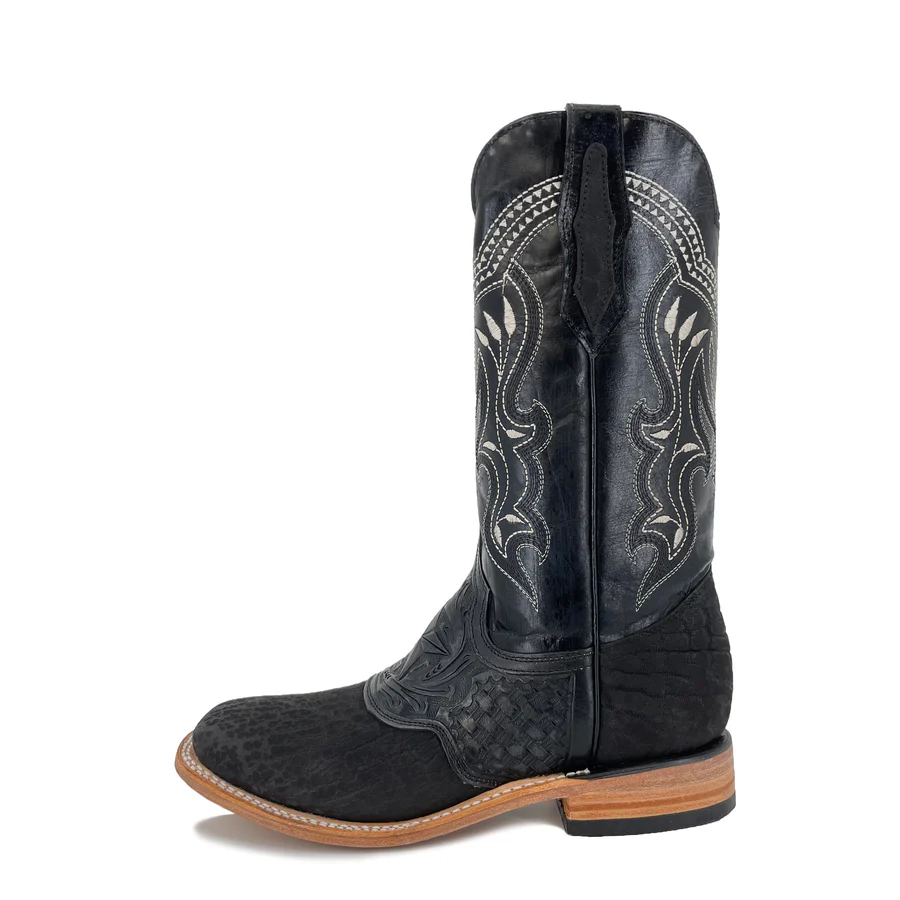 Men's Boots Hand Tooled Square Toe - Bull Neck Black