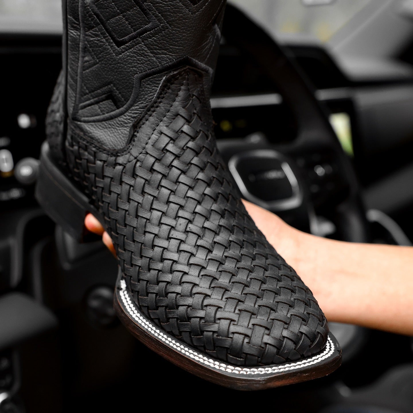 Black Basketweave Leather Boots- Square Toe